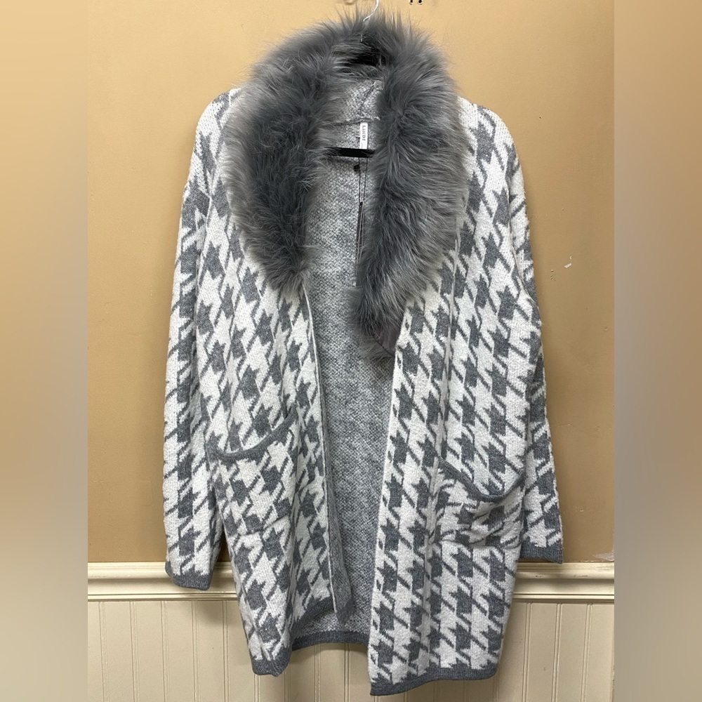 Lindi Houndstooth Faux Fur Detachable Collar Sweater Coat 8164721 Size Med NWT
